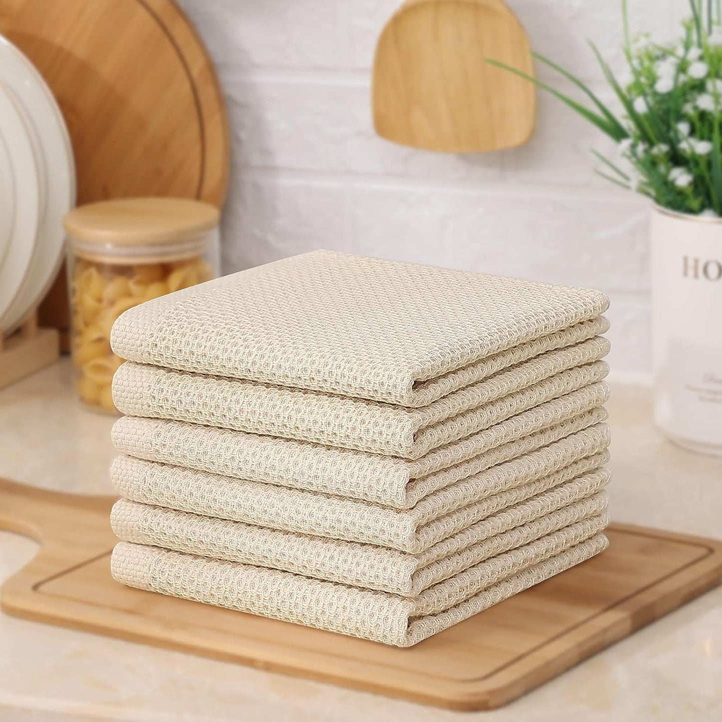 Kitinjoy 100% Cotton Kitchen Dish Cloths, 8 Pack Waffle Weave Ultra Soft Absorbent Dish Towels for Drying Dishes Quick Drying Kitchen Towels Dish Rags, 12 X 12Inch, Beige