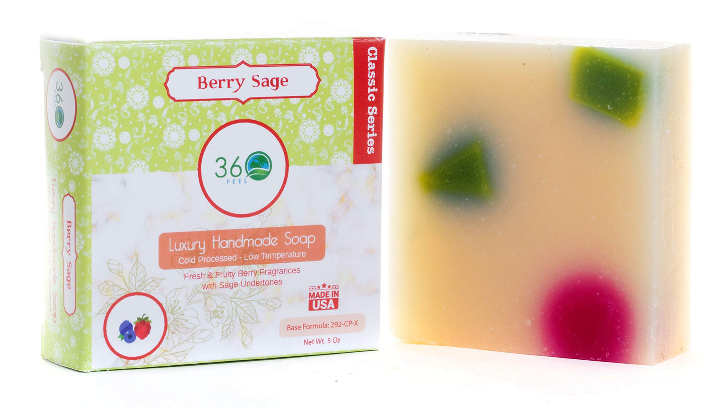 360Feel Berry Sage Soap -5oz Castile Handmade Soap bar-Fresh Fruity, Berry with Sage undertones- Pure Essential Oil Natural Soaps- Great as Anniversary Wedding Gifts- Gift ready