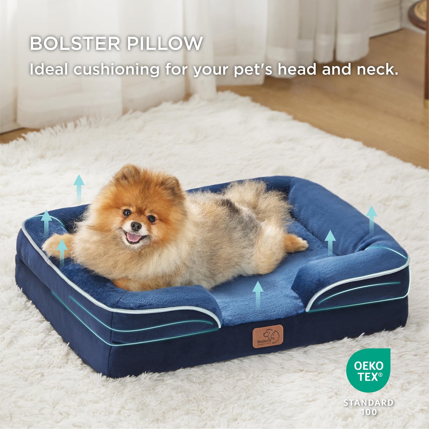 Bedsure Small Orthopedic Dog Bed - Washable Bolster Dog Sofa Beds for Small Dogs, Supportive Foam Pet Couch Bed with Removable Washable Cover, Waterproof Lining and Nonskid Bottom Couch, Navy Blue