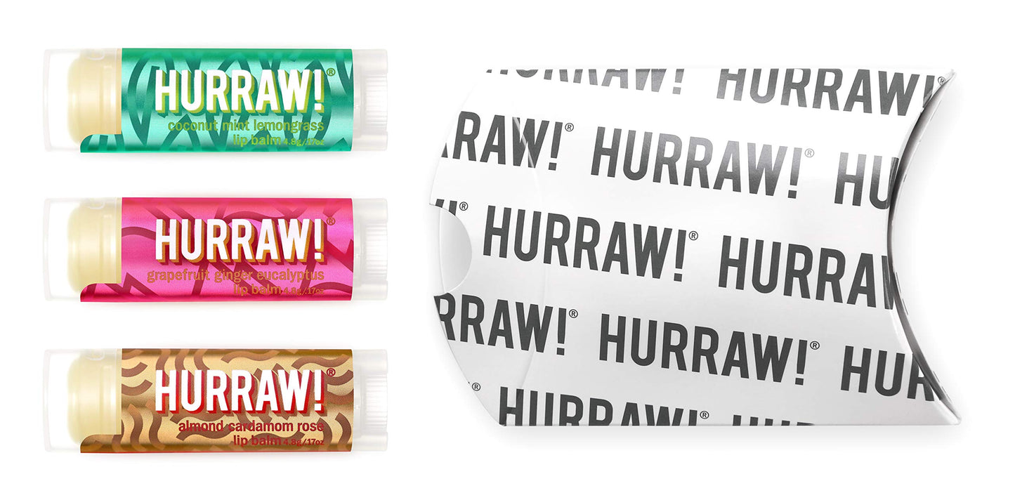 Hurraw! Pitta (Coconut, Mint, Lemon Grass), Kapha (Grapefruit, Ginger, Eucalyptus), Vata (Almond, Cardamon Rose) Lip Balms, 3 Pack Bundle: Organic, Certified Vegan, Cruelty, Gluten Free, 100% Natural