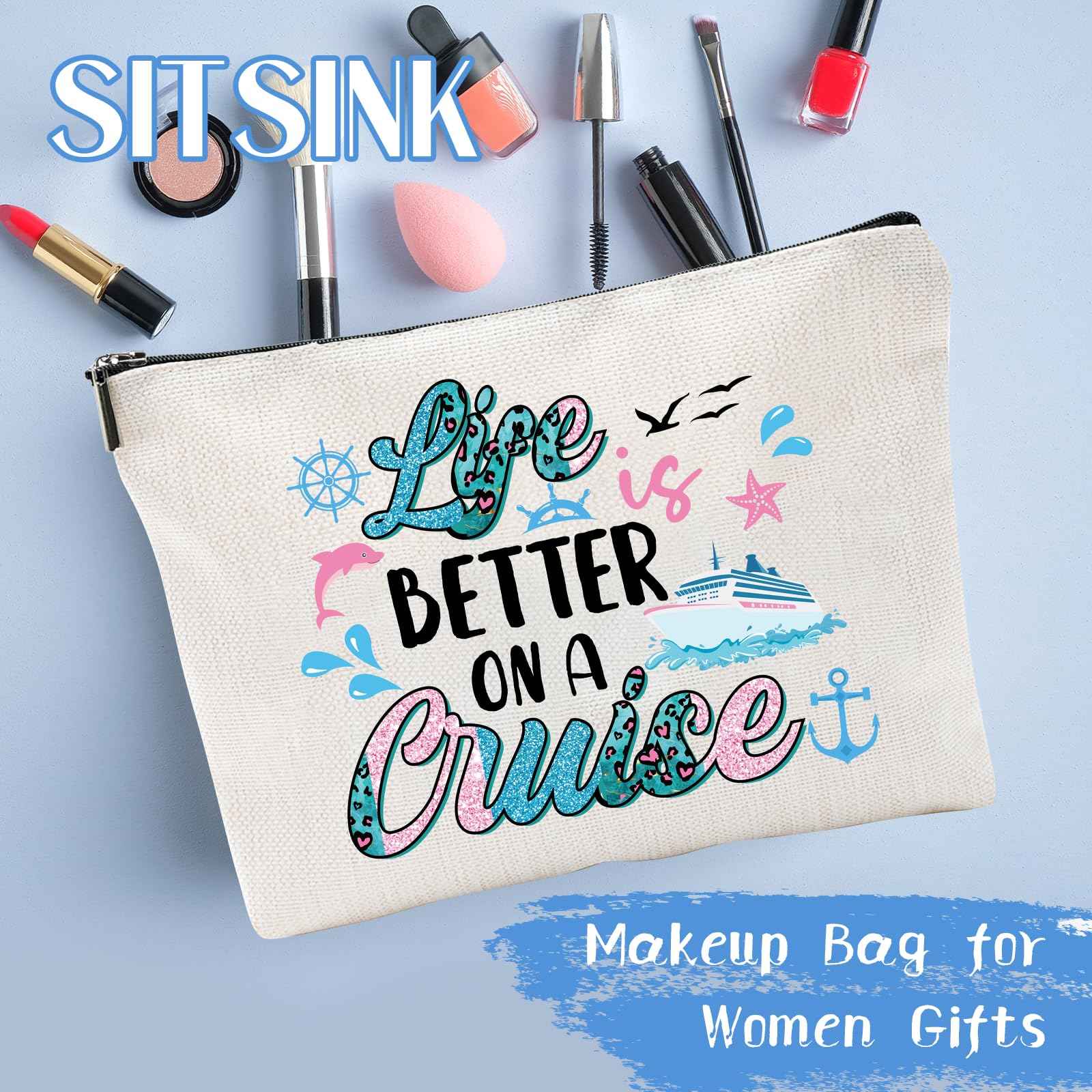 Sitsink Cruise Lovers Gifts for Women - Unique Vacation Cosmetic Bags, Summer Makeup Bags for Women, Anchor Gifts for Girls BFF Birthday