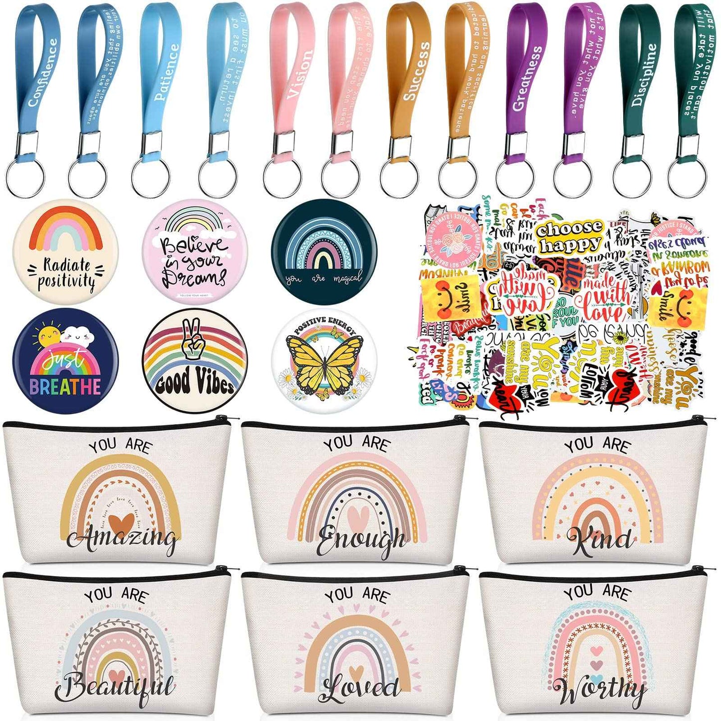 Pinkunn 68 Pcs Inspirational Gifts Bulk Inspirational Quote Key Chains Rainbow Canvas Cosmetic Bags with Zipper Motivational Stickers Button Badges Gifts for Teacher Birthday Graduation
