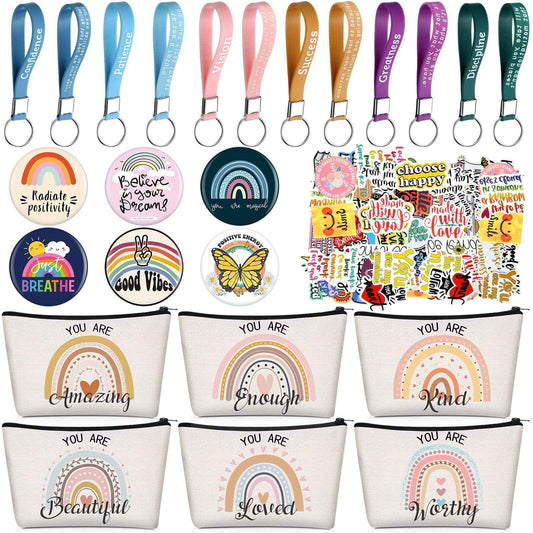 Pinkunn 68 Pcs Inspirational Gifts Bulk Inspirational Quote Key Chains Rainbow Canvas Cosmetic Bags with Zipper Motivational Stickers Button Badges Gifts for Teacher Birthday Graduation