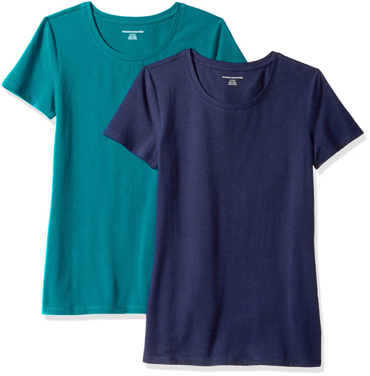 Amazon Essentials Women's Classic-Fit Short-Sleeve Crewneck T-Shirt, Pack of 2, Dark Green/Navy, X-Small