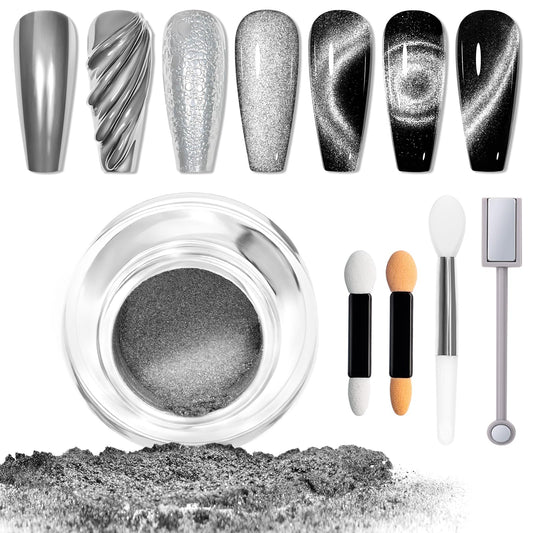 MIZHSE 9D Cat Eye Chrome Nail Powder Mirror Effect, Silver Magnetic Glitter Pigment Powder for Gel Nails Chameleon Cateye Magic Galaxy Nail Art Powder with Magnet