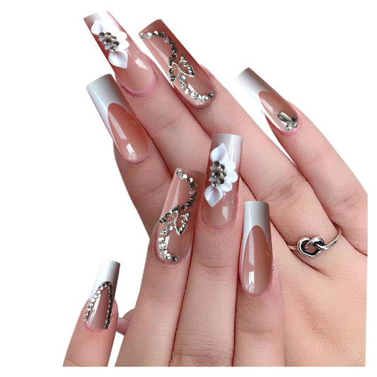 Floral Press on Nails Kit French Tip Nails Press Ons Long Silver butterfly Rhinestone Pink Fake Nails Artificial Coffin Gel Like Glossy 3D FlowerFal se Nail Manicure for Women and Girls for Wedding