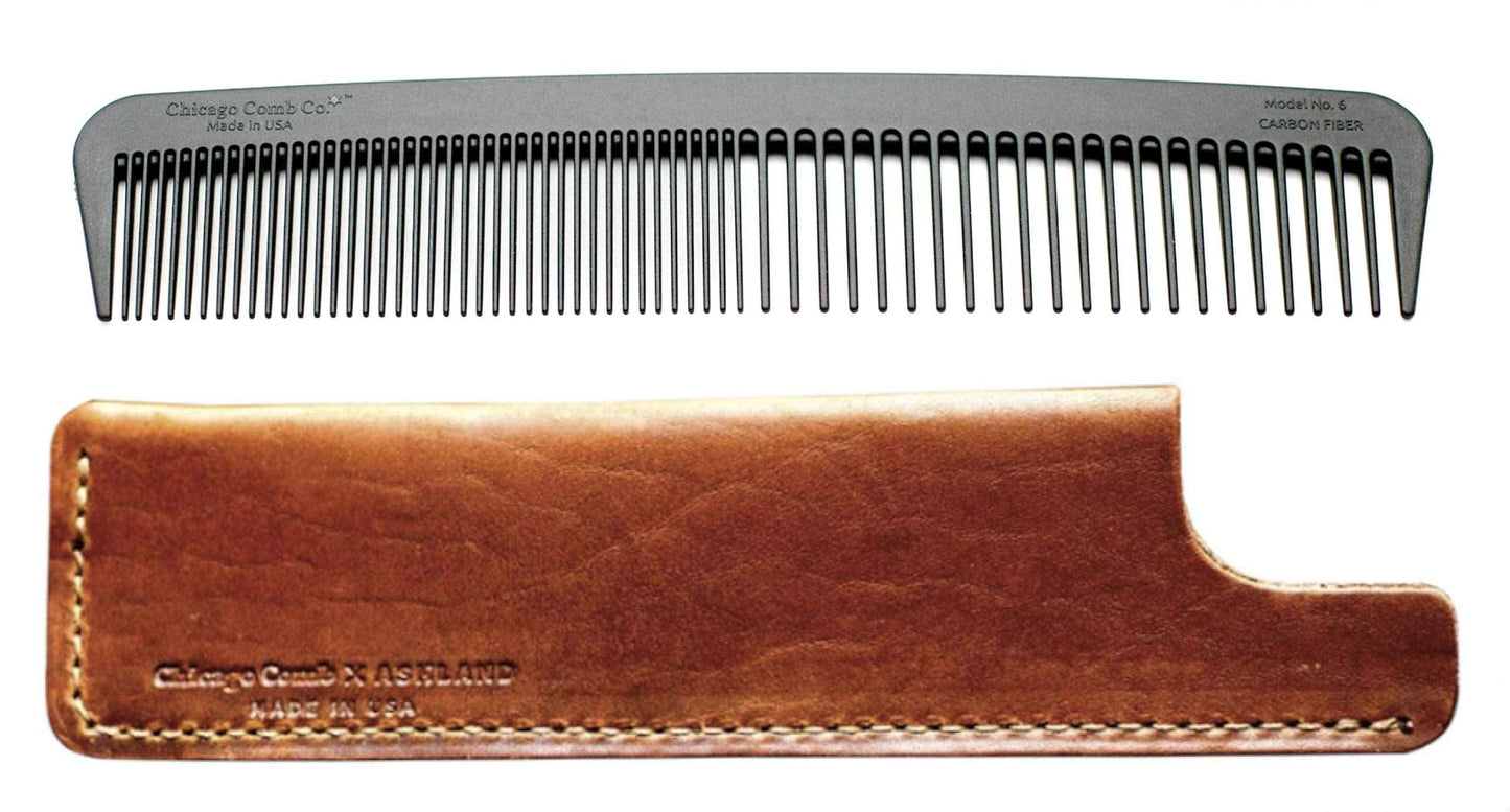 Chicago Comb Model 6 Carbon Fiber Comb + English Tan Horween leather sheath, Made in USA, ultimate styling comb, for men & women, smooth strong & light, anti-static, premium leather sheath