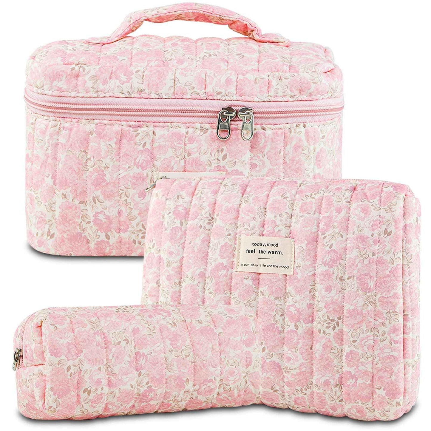 GISMTR 3Pcs Makeup Bag Cotton Quilted Travel Cosmetic Bag Cute Floral Makeup Pouch Large Toiletry Bag for Women Girls (Flowers-Pink3)