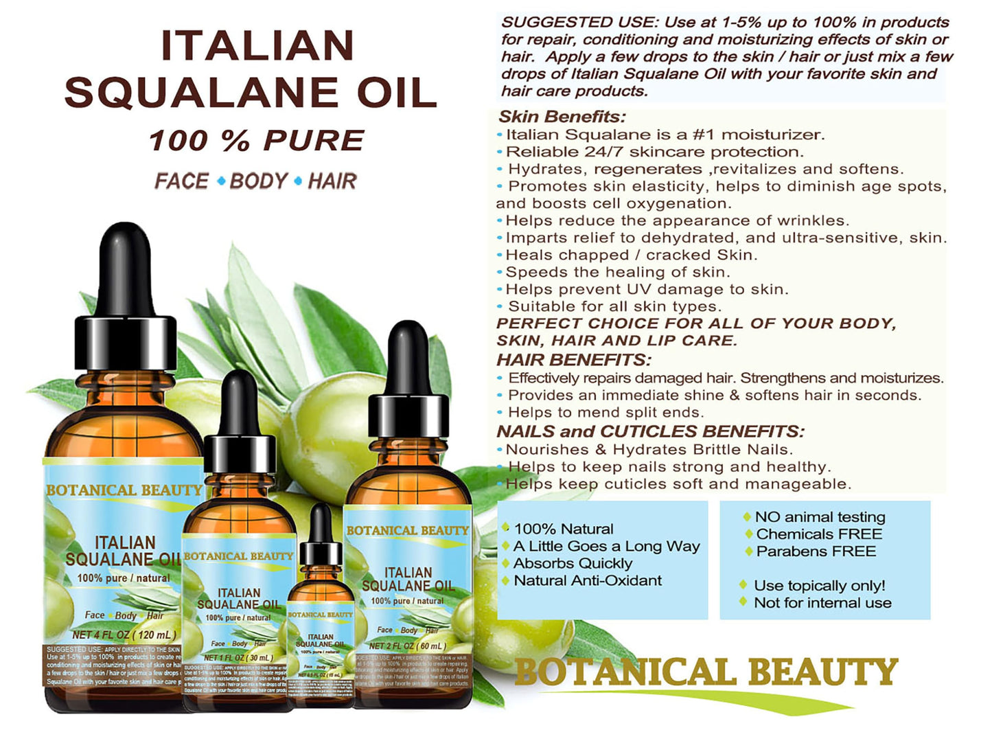 Botanical Beauty SQUALANE Italian Olive. 100% Pure Natural Undiluted Oil. 2 fl.oz- 60ml. 100% Ultra-Pure Moisturizer for Face, Skin, Body, Hair. Reliable 24/7 skincare protection