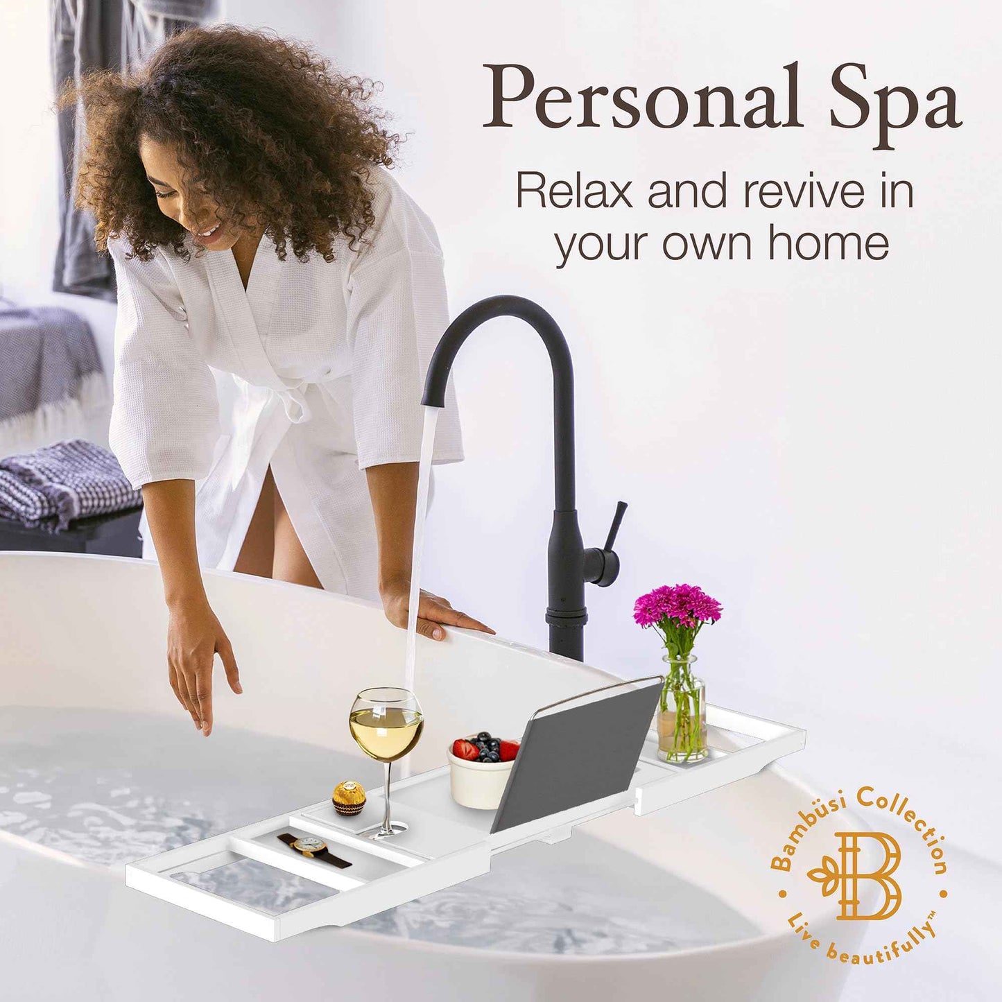 Wooden Bathtub Tray - Foldable & Expandable Bamboo Bath Tray for Tub with Wine Holder, Book & Tablet Stand - Bath Caddy Tray for Bathtub, Spa Bath Accessories, Tub Tray Table, (White)