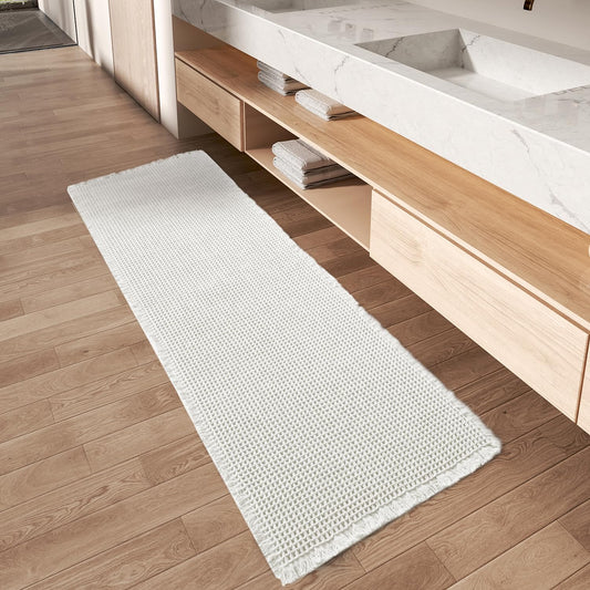 Upgraded Waffle Runner Rug Super Absorbent Non Slip Bath Mats for Bathroom Floor, Machine Washable Bathroom Runner Rug with Tassels, Ideal for Hallway Bedroom Laundry Room, White, 2'x 4'(24" x 48")