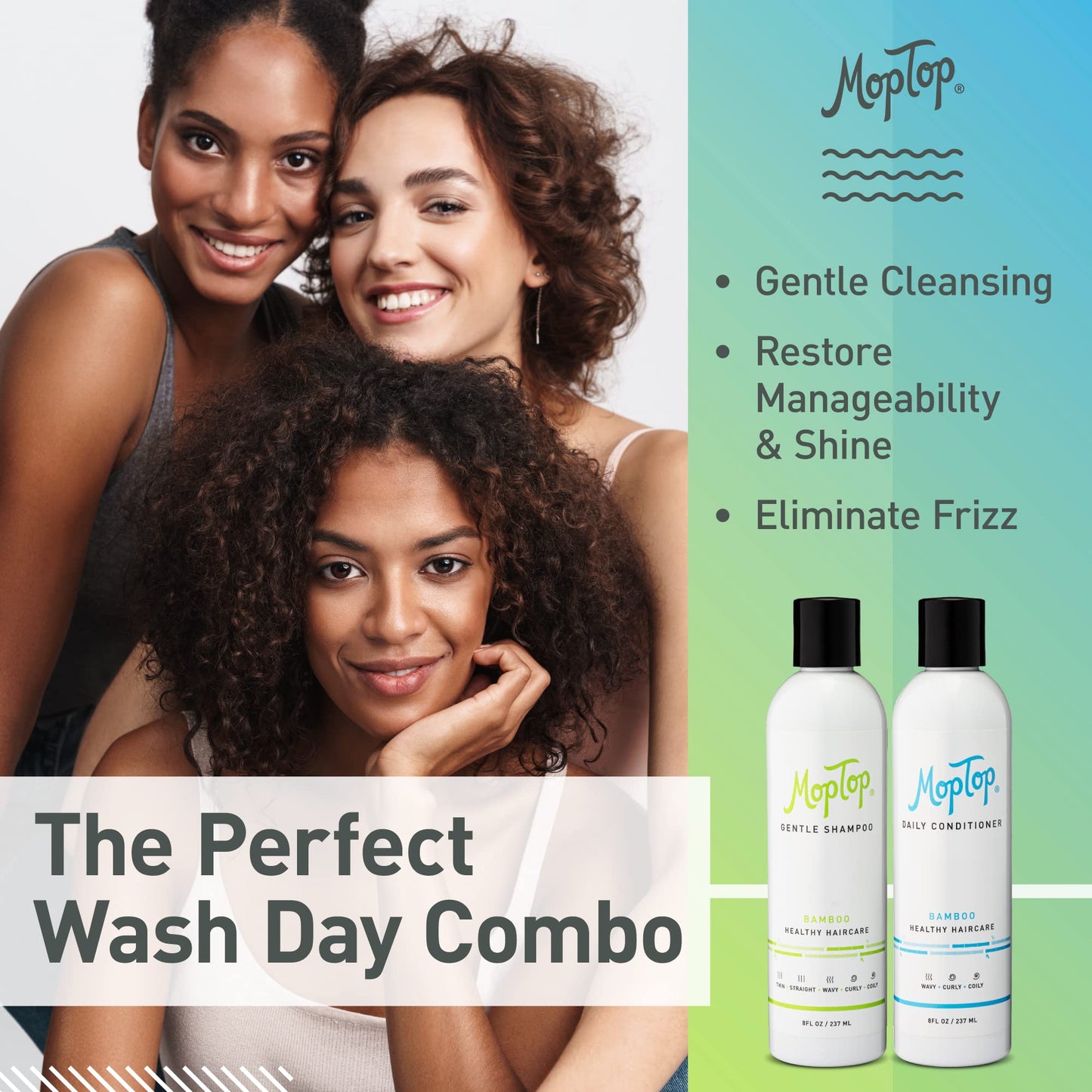 MopTop Gentle Shampoo + Daily Conditioner for Wavy, Curly, and Coily Hair, Color Safe, Moisturizing Hair Care Set