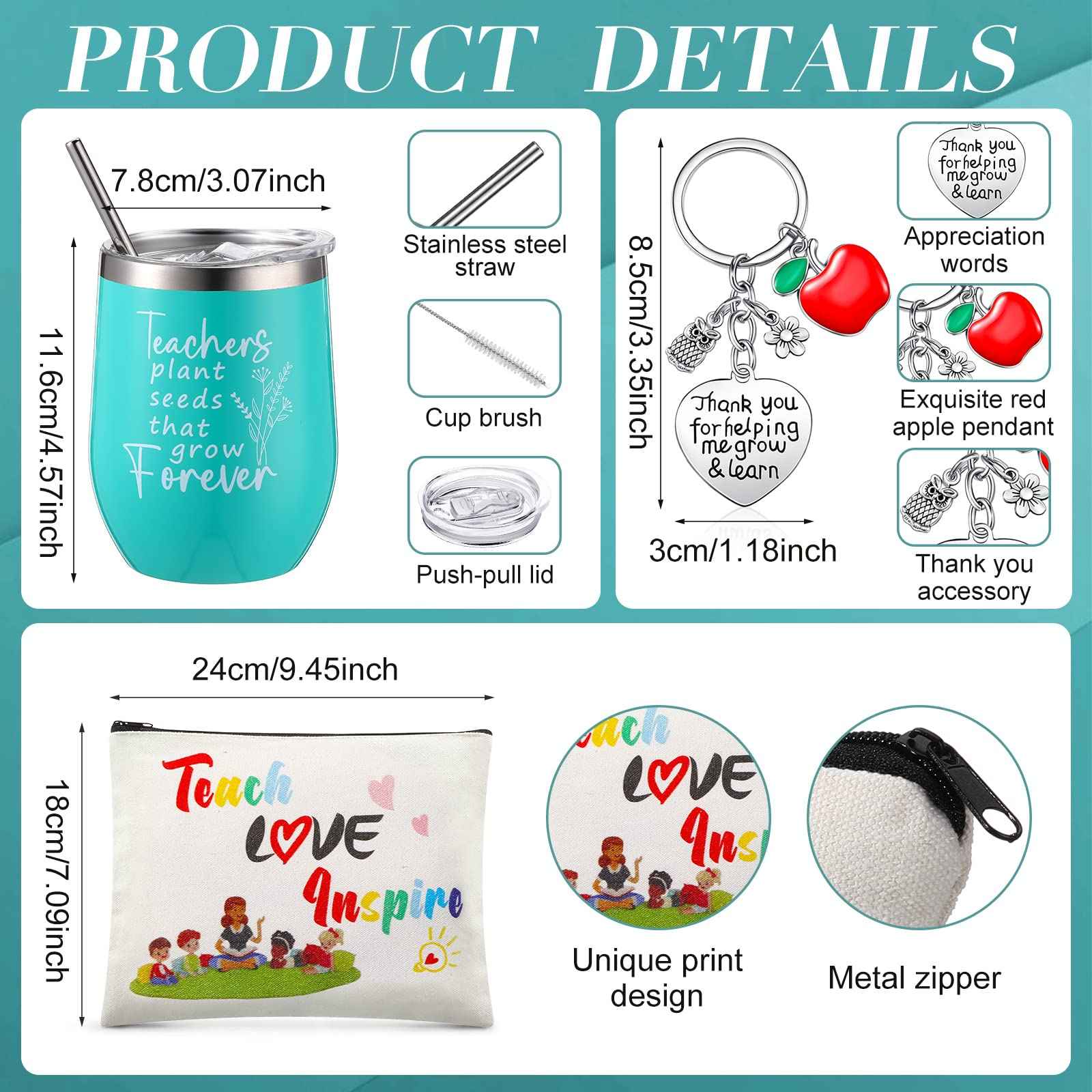 Hillban 4 Pcs Teacher Appreciation Gift for Women 12 oz Teacher Tumbler Tote Bag Makeup Cosmetic Bag Keychain Thank You Gift Set for Christmas Birthday(Classic Style)