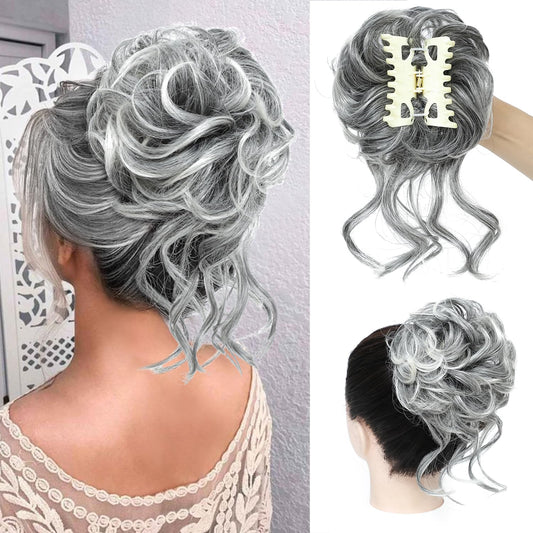 MSMUSAS Messy Bun Hair Piece Claw Clip Curly Wavy Hair Buns Tousled Updo Hair Buns Extensions Scrunchie Long Beard Clip Claw in Bun Hair pieces for Women(Grey Mix White)