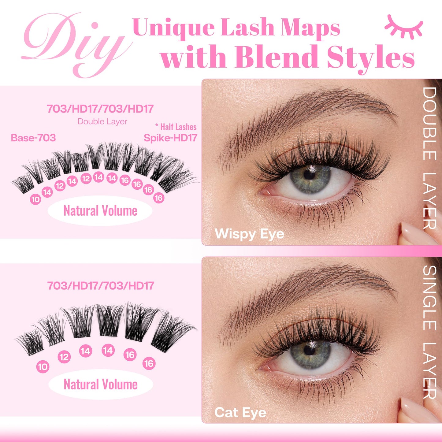 CALAILIS Lash Clusters Wispy 416Pcs D Curl Cluster Eyelash Extensions Multi-Type Mixed DIY Eyelash Clusters Soft and Reusable Ultra-Large Capacity Individual Cluster Lashes (703&HD17)