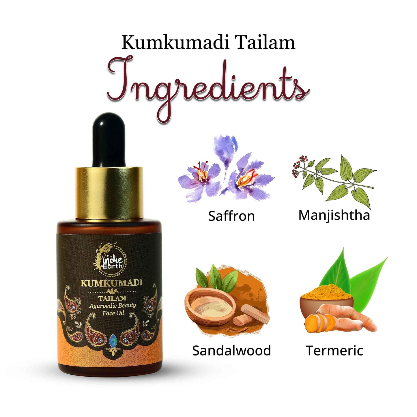 The Indie Earth Kumkumadi Tailam 30 ml | Ayurvedic Beauty Face Oil | Night Serum for Brighter, Glowing & Younger-Looking Skin with Turmeric, Saffron & Indian Lotus