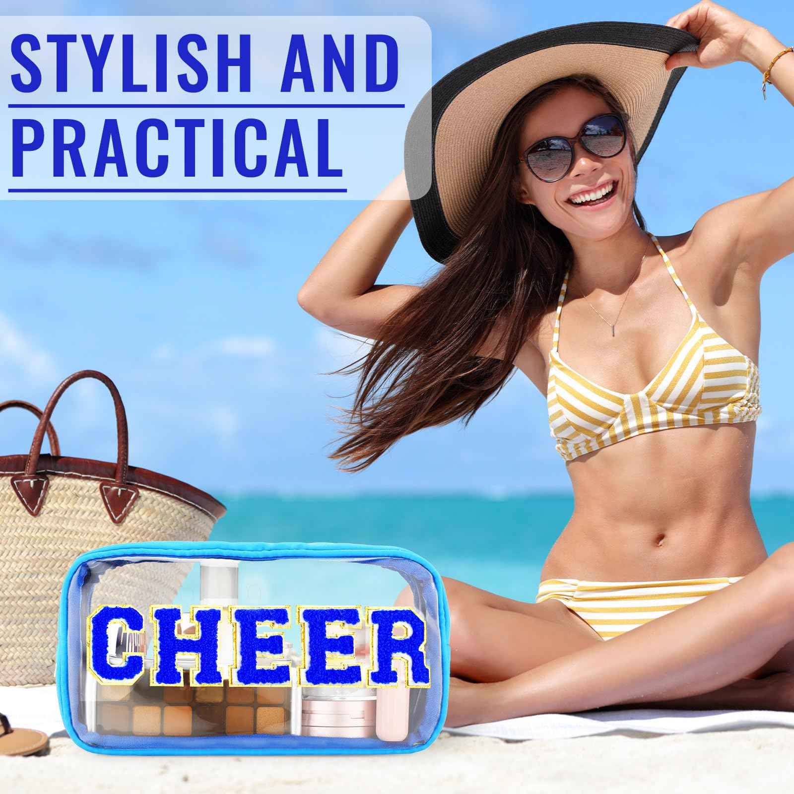 Abbylike Cheer Clear Makeup Letter Bag Cosmetic Zipper Cheers Pouch Chenille Patch Cheerleader Gifts Preppy Cheer Nylon Handmade Toiletry Bags for Women Girls Gifts (1, Blue)