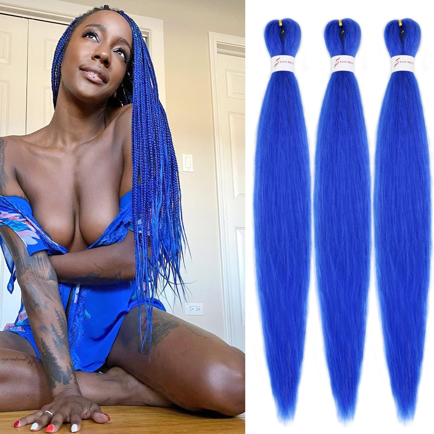 IXIMII 3 packs Blue Braiding Hair Pre Stretched 26 inch Kanekalon Braiding Hair Prestretched Long Straight Synthetic Braids Soft Yaki Texture Hair Extensions Hot Water Setting