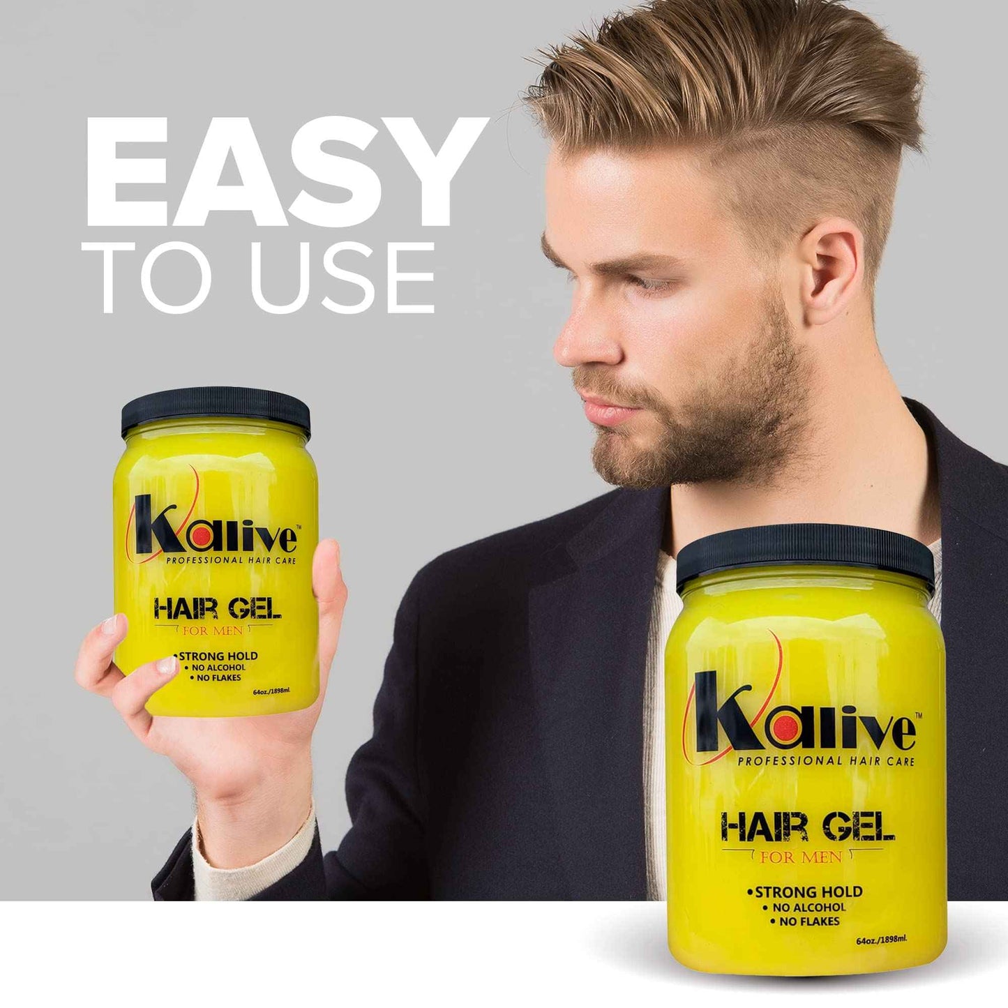 KALIVE Men's Hair Styling Gel 64 oz, Strong-Hold and Light Shine all day, Mens Hair Product fresh scent No Flaking or Alcohol