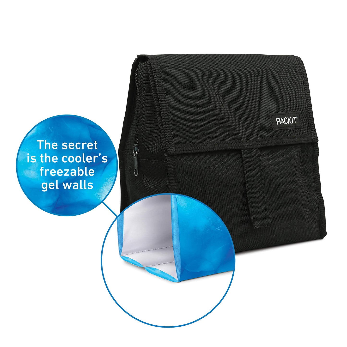 PackIt Freezable Lunch Bag, Black, Built with EcoFreeze Technology, Foldable, Reusable, Zip and Velcro Closure with Buckle Handle, Perfect for School and Office Lunches