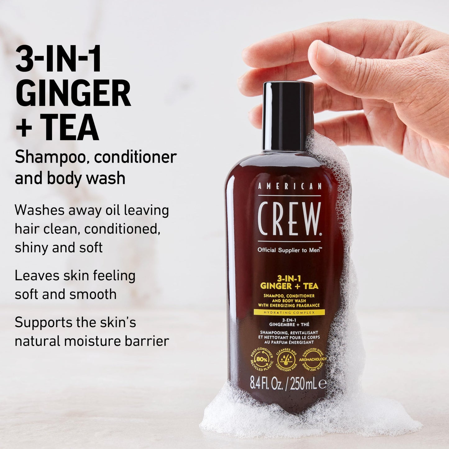 AMERICAN CREW 3-IN-1 GINGER + TEA Shampoo, Conditioner and Body Wash, 8.4 Fl Oz (Pack of 1)