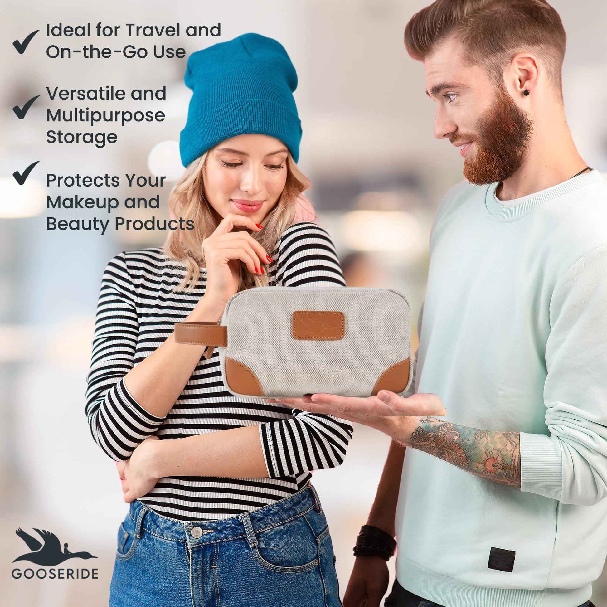 GOOSERIDE Small Makeup Bag for Women and Men - Cute Cosmetic Bag for Travel, Multipurpose Canvas Make up Pouch for Accessories, Mini Makeup Purse with Zipper and Internal Pockets for Toiletries - Sand