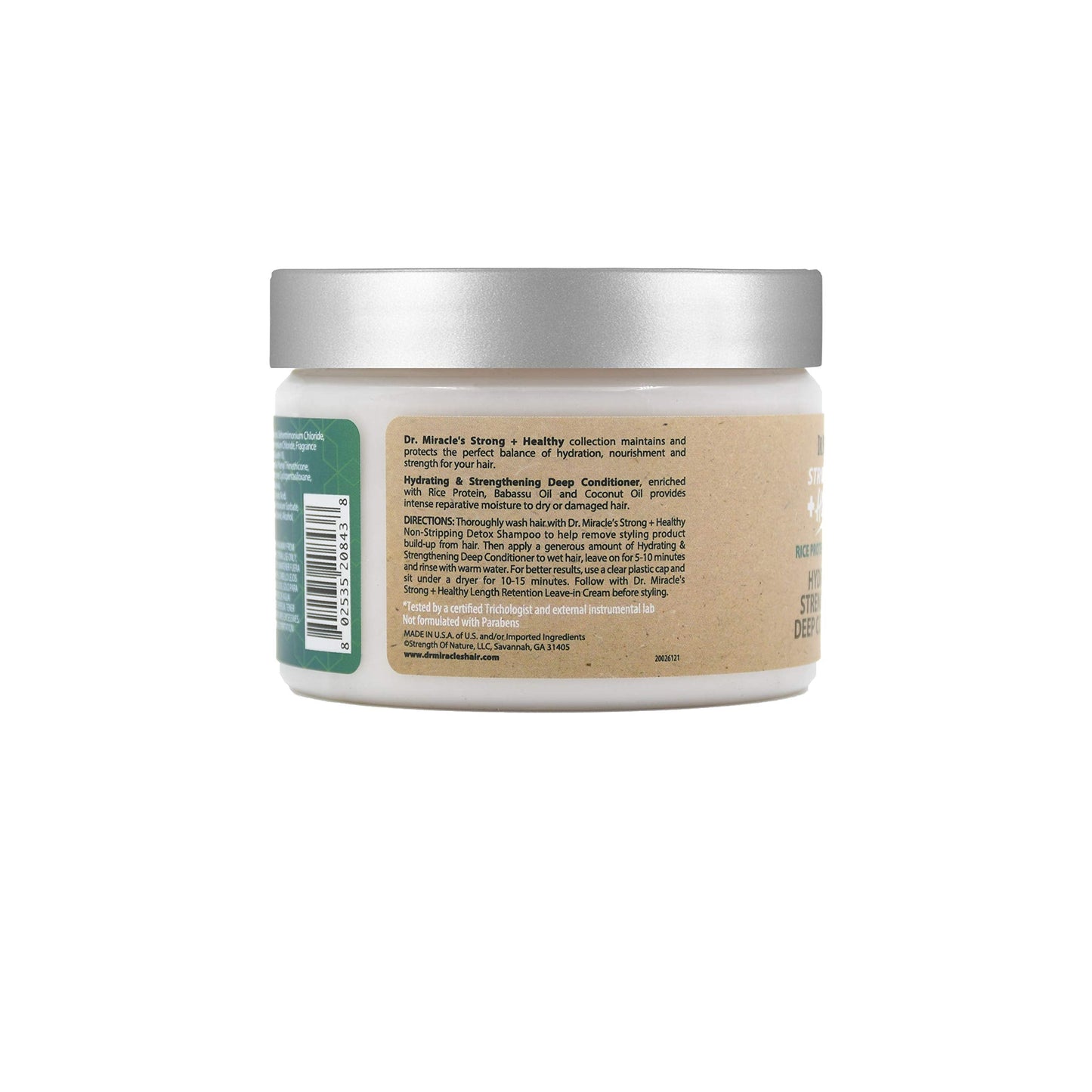 Dr. Miracle's Strong & Healthy Hydrating & Strengthening Deep Conditioner. Contains Coconut Oil to provide intense moisture and repair damaged hair.