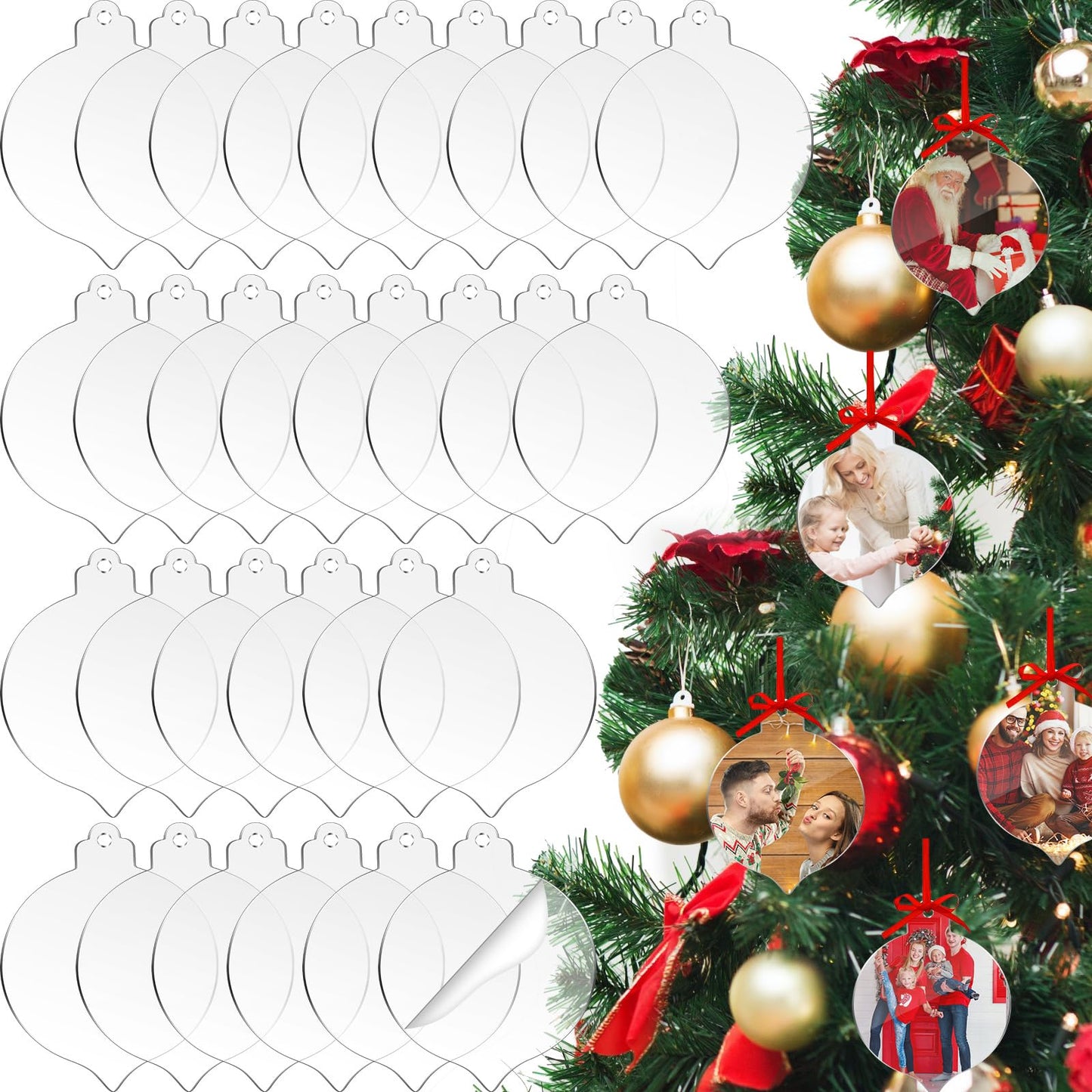 100 Pack Clear Round Acrylic Christmas Ornaments with Red Ribbon Christmas Clear Acrylic Ornaments DIY Blank Round Acrylic Ornament for Christmas Bauble Tree Decoration(Lantern)