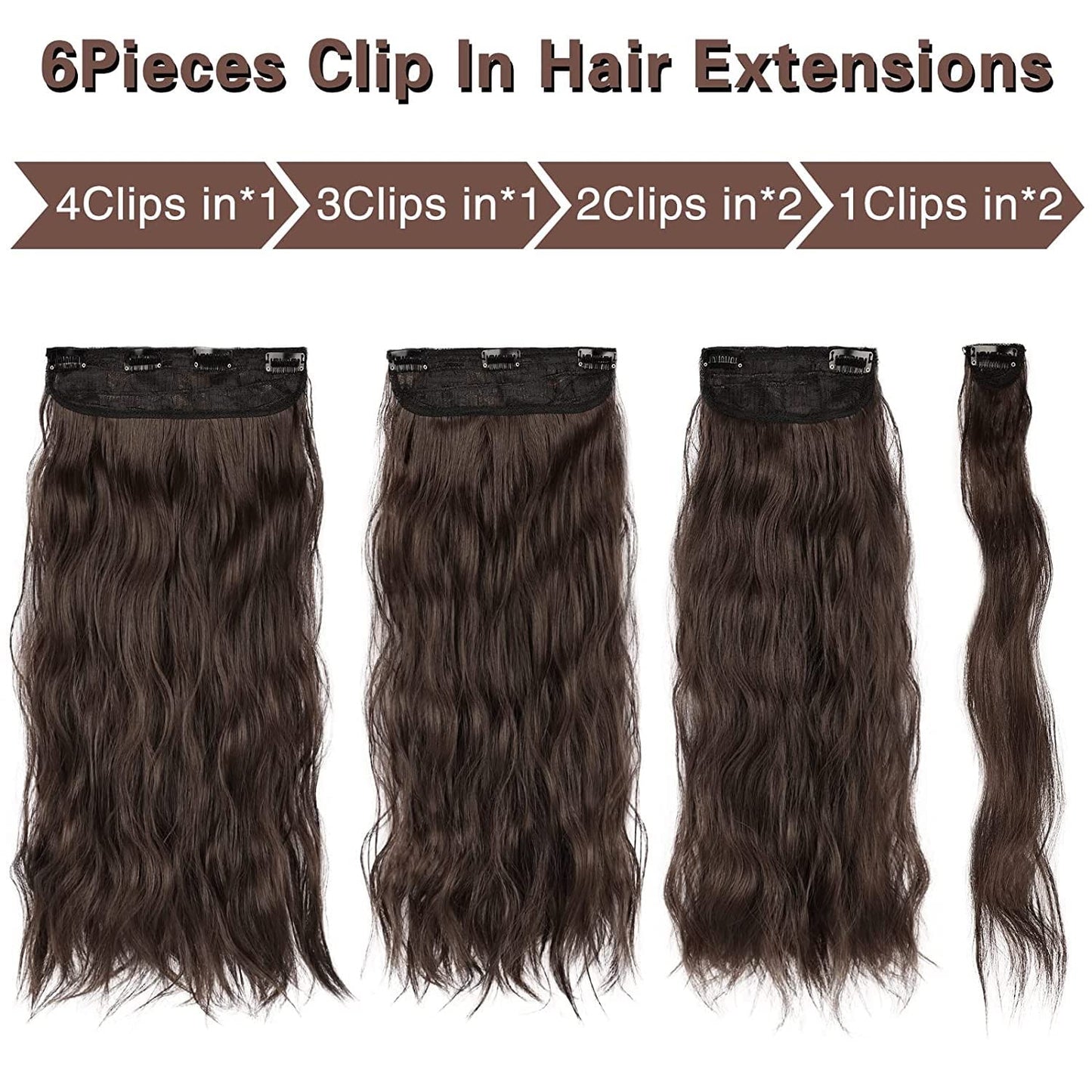 Bilisar Clip In Hair Extensions 20 Inch 4pcs Long Wavy Curly Brown Hair Extensions Synthetic Fiber Double Weft Soft Hairpieces For Women Full Head