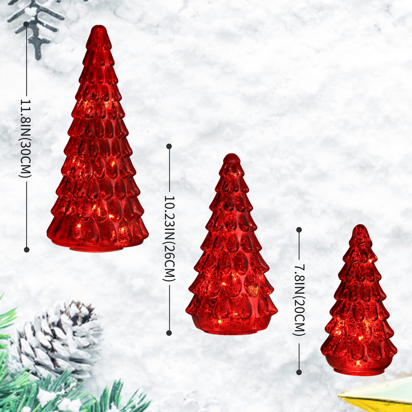 Costyleen 3PCS Christmas Ornaments Tree Set, Tower Shaped Glass Xmas Tree, Mercury Glass Tabletop Christmas Tree Decoration with LED Lights Home Table Decor Festive Gift 11.8in, 10.23in, 7.8in, Red