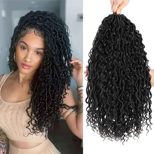 14 Inch Faux Locs Crochet Hair Goddess Locs Crochet Hair for Women Black Color Pre-Looped River Locs with Curly Ends 7 Packs (1B#)