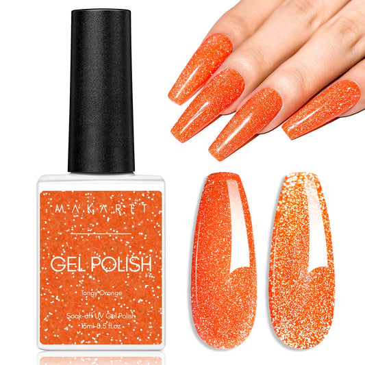 Makartt Glitter Nail Polish, Flash Diamond Orang Reflective Spring Nail Gel 15ML Soak Off UV LED Sparkly Shiny Gel Polish Manicure DIY Nail Art Designs Home Salon-Tangy Orang