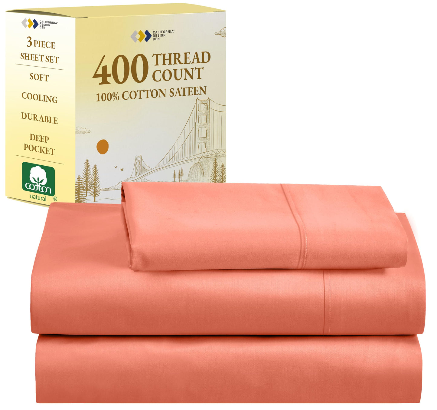 California Design Den Twin Bed Sheets 400 Thread Count 100% Cotton Deep Pocket Sheets for Twin Size Bed, Soft & Breathable, Cooling Twin Sheet Set, Deep Pocket Bed Sheets (Bright Salmon)