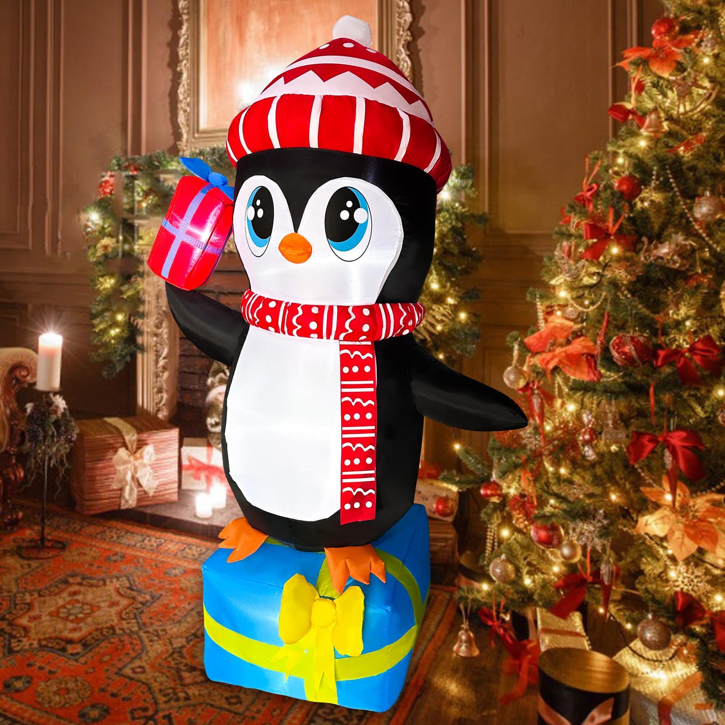 JOYEASE 5.5 FT Christmas Inflatables Penguin Standing in Gift Box Decorations LED Lighted Xmas Christmas Blow ups for Party Indoor Outdoor Garden Yard Decor