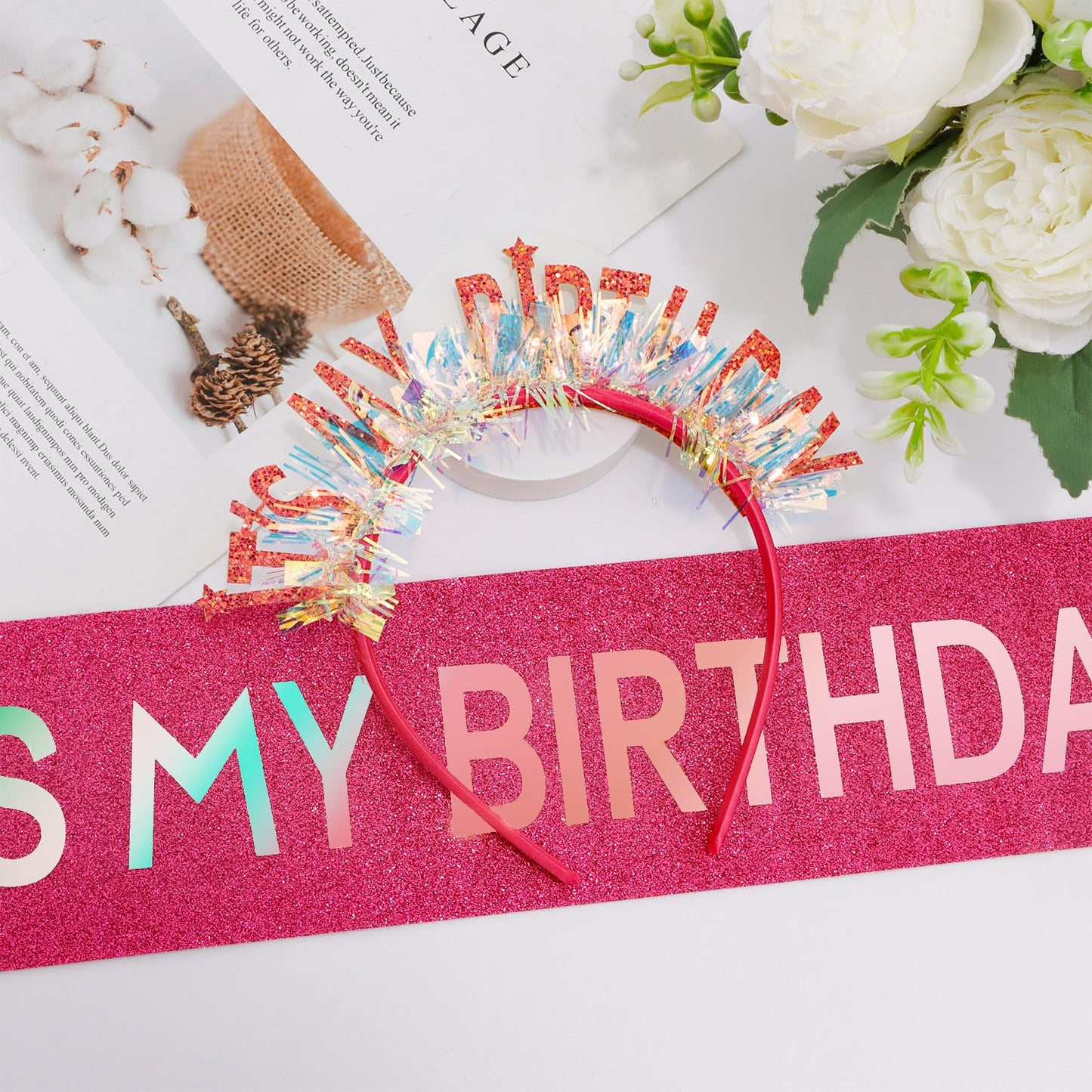 KICOSY Birthday Headbands and Sashes for Women Birthday Crown Tiara Birthday Sash for Girl Glitter Iridescent Fringe It's My Birthday Headband Happy Birthday Decorations Birthday Gifts for Girls