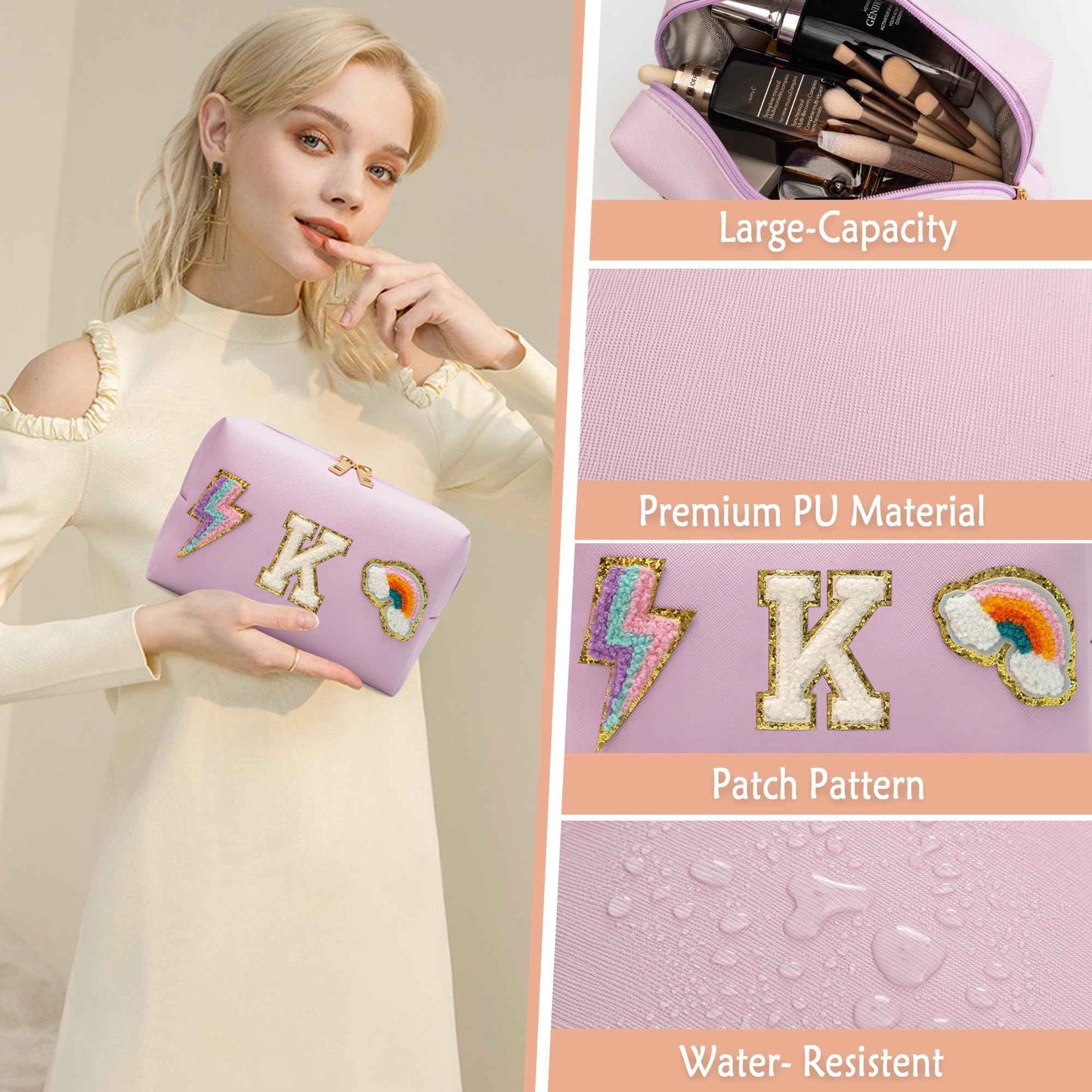 LUCKIPLUS Makeup Bag Preppy Cosmetic Pouch, Monogram Initial Pink Cute Skincare Travel Make up Organizer, Waterproof PU Preppy Case Brithday Gift for Daughter Women Mother (Letter K)