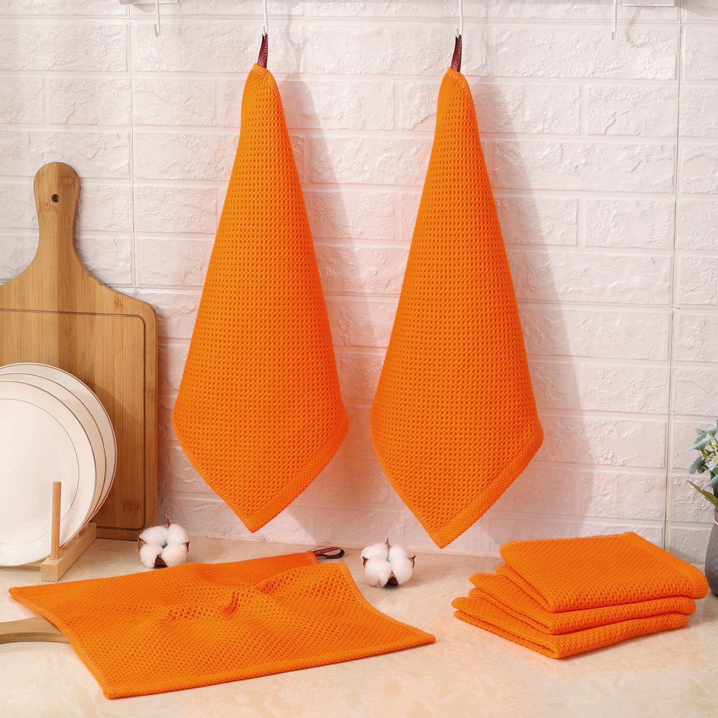 Kitinjoy 100% Cotton Kitchen Dish Cloths, 6 Pack Waffle Weave Ultra Soft Absorbent Dish Towels for Drying Dishes Quick Drying Kitchen Towels Dish Rags, 12 X 12 Inches, Orange