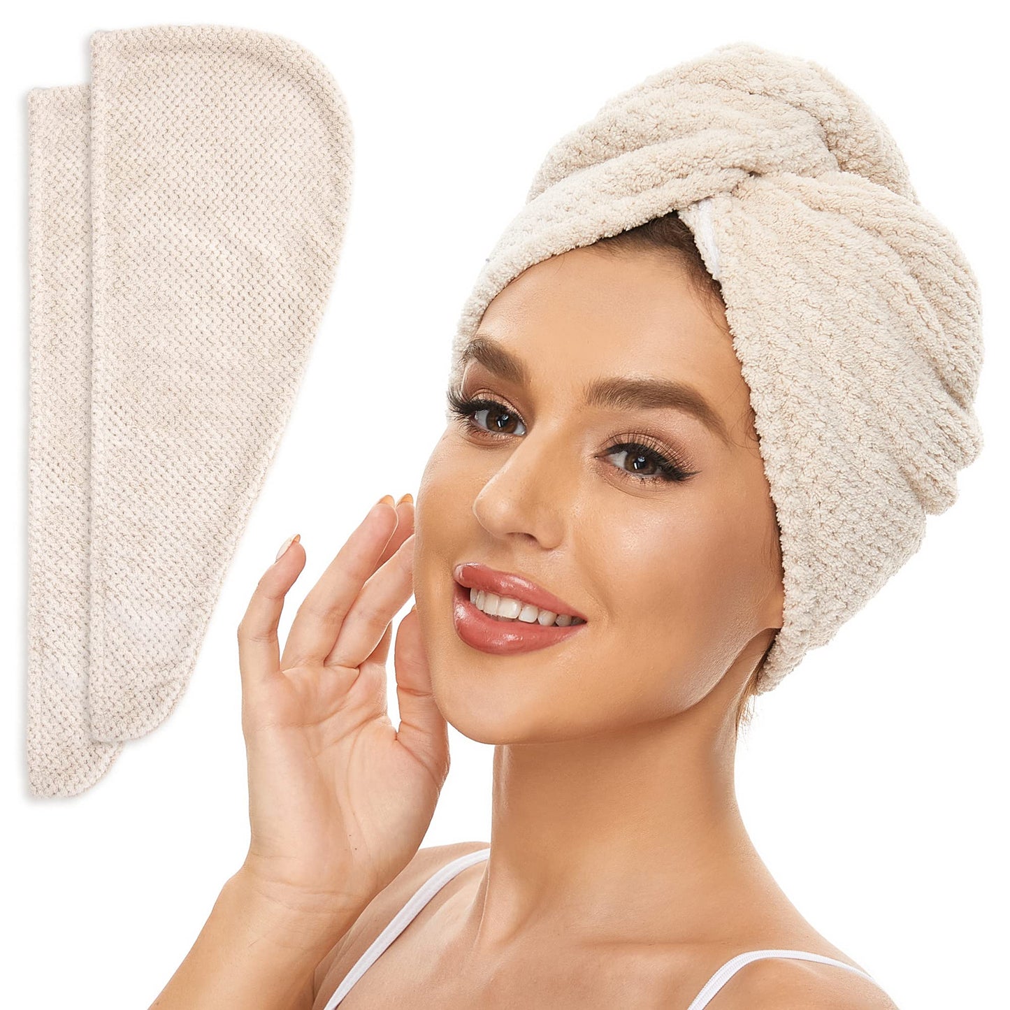 SimpleField 2 Pack Microfiber Hair Towel Wrap for Women, Anti Frizz Quick Drying Hair Turban for All Hair Style, Absorbent and Lightweight (Beige)