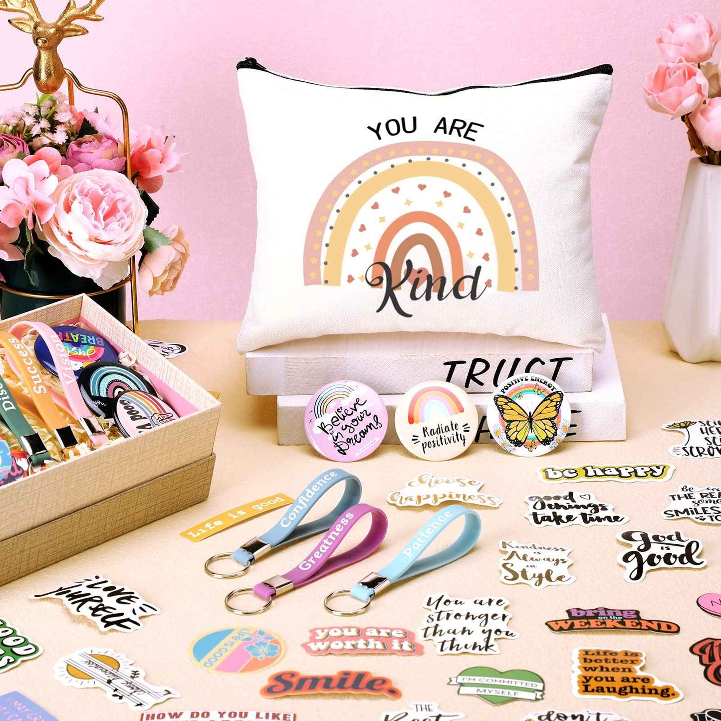 Pinkunn 68 Pcs Inspirational Gifts Bulk Inspirational Quote Key Chains Rainbow Canvas Cosmetic Bags with Zipper Motivational Stickers Button Badges Gifts for Teacher Birthday Graduation