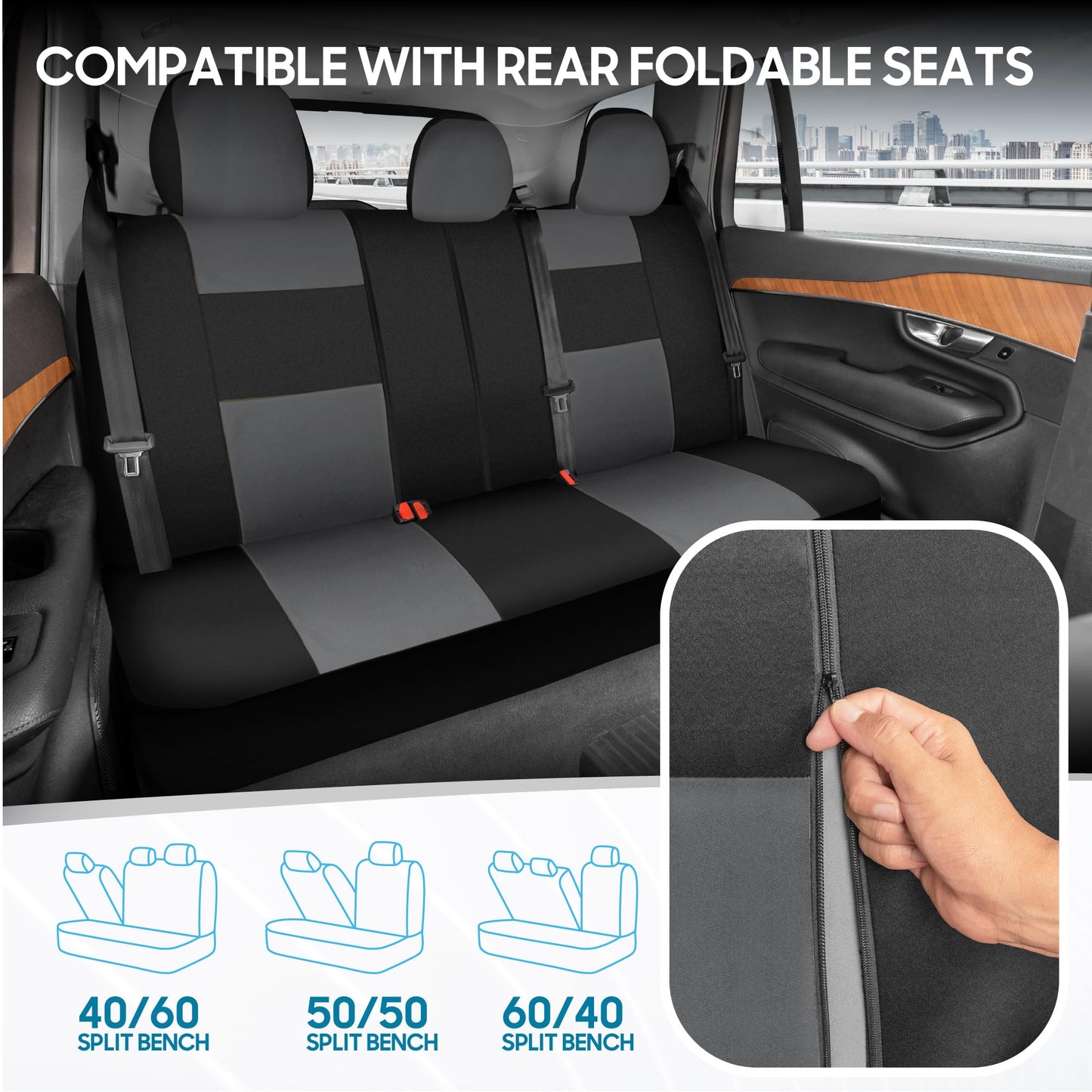 BDK PolyPro Seat Covers Full Set in Gray on Black – Front and Rear Split Bench, Easy to Install for Auto Trucks Van SUV Car