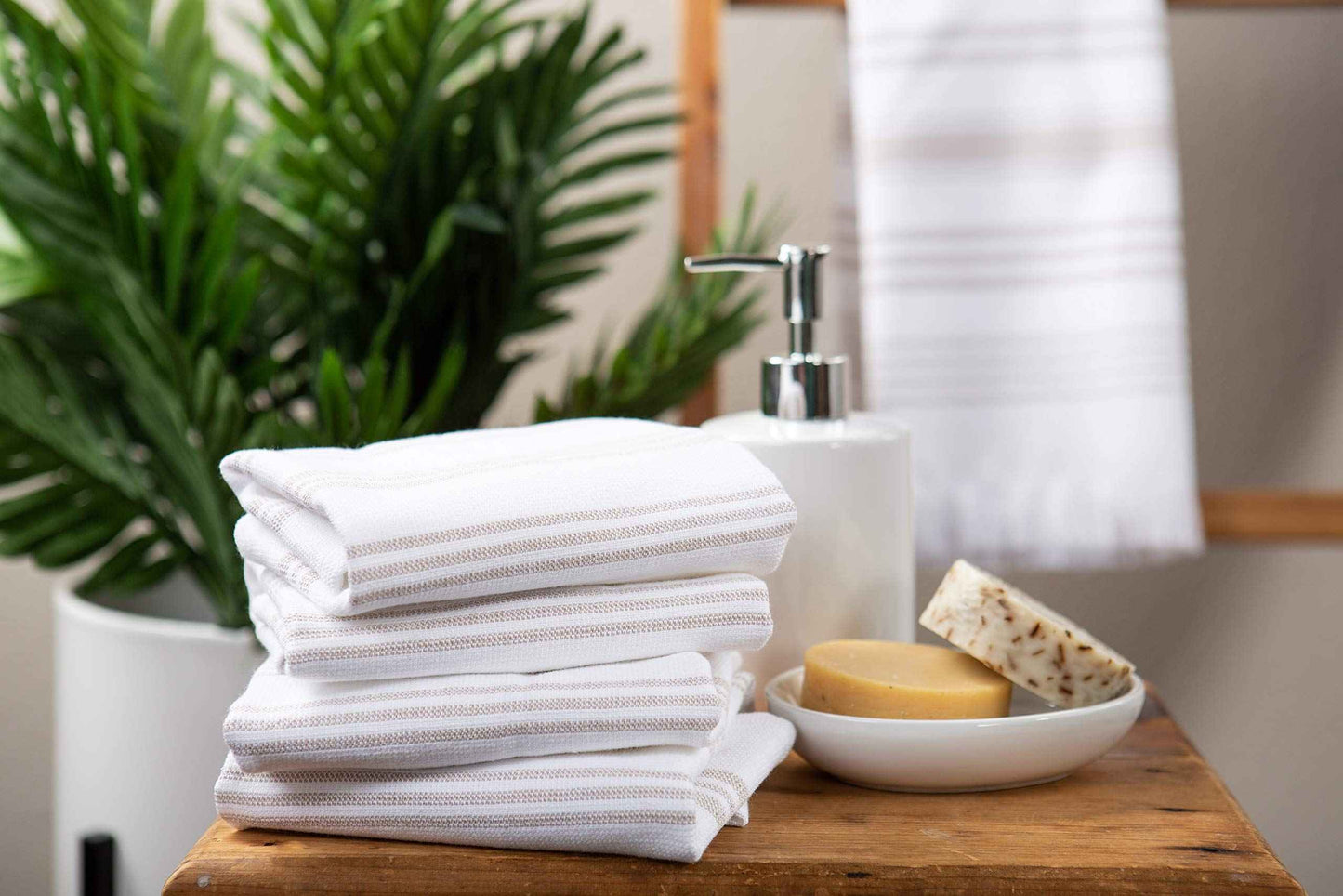 Sticky Toffee Cotton Washcloths Set of 4 – 13x13 in Tan Modern Stripe Terry Towels, Soft and Absorbent Reusable Fingertip Towels, Quick Drying