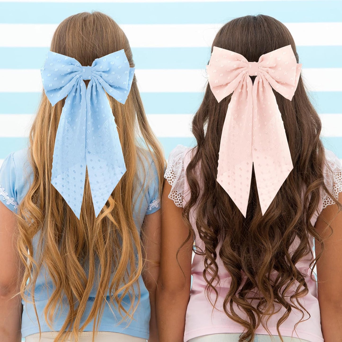 2PCS Large Hair Bows Ribbon Hair Clips, Double Layers Big Bow Hair Clip With Long Tail Ribbon Bowknot Hair Barrettes, Ponytail Holder Hair Accessories for Women Girls (Blue+Pink)