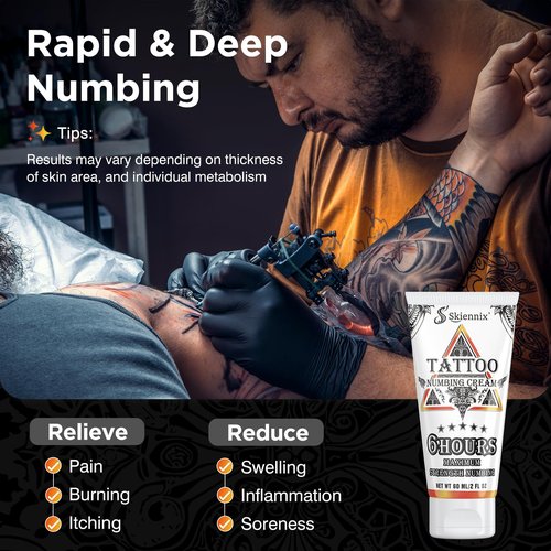 Skiennix 6 Hours Maximum Strength Tattoo Numbing Cream 52ml, Painless Tattoo Numbing Cream, Numbing Cream for Tattoos, Piercing, Permanent Makeup, Waxing Extra Strength, with Emu Oil & Arnica