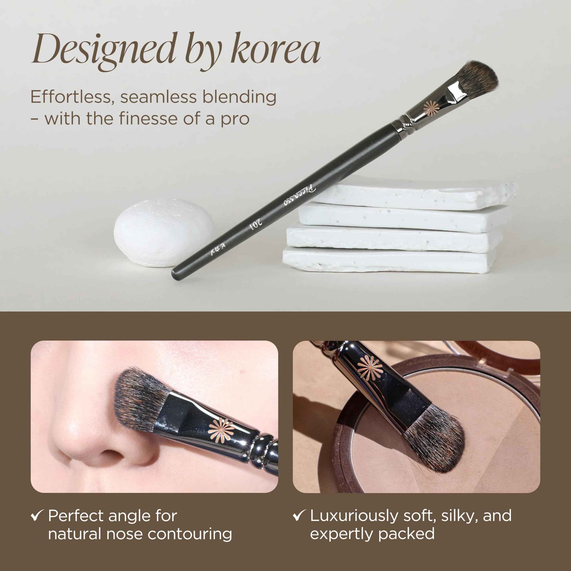 Piccasso 201 Nose Shading Brush – Soft Hair Makeup Brush for Nose Shaper and Face Makeup, Small Angled Brush for Precise Contouring and Blending, Korean Professional Beauty Tool for Daily Use