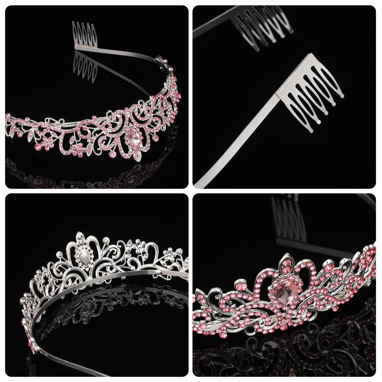 Tiara for Women Elegant Princess Crown with Combs Silver Crystal Tiara Crowns for Women Girls Tiaras for Women Bridal Wedding (Pink)