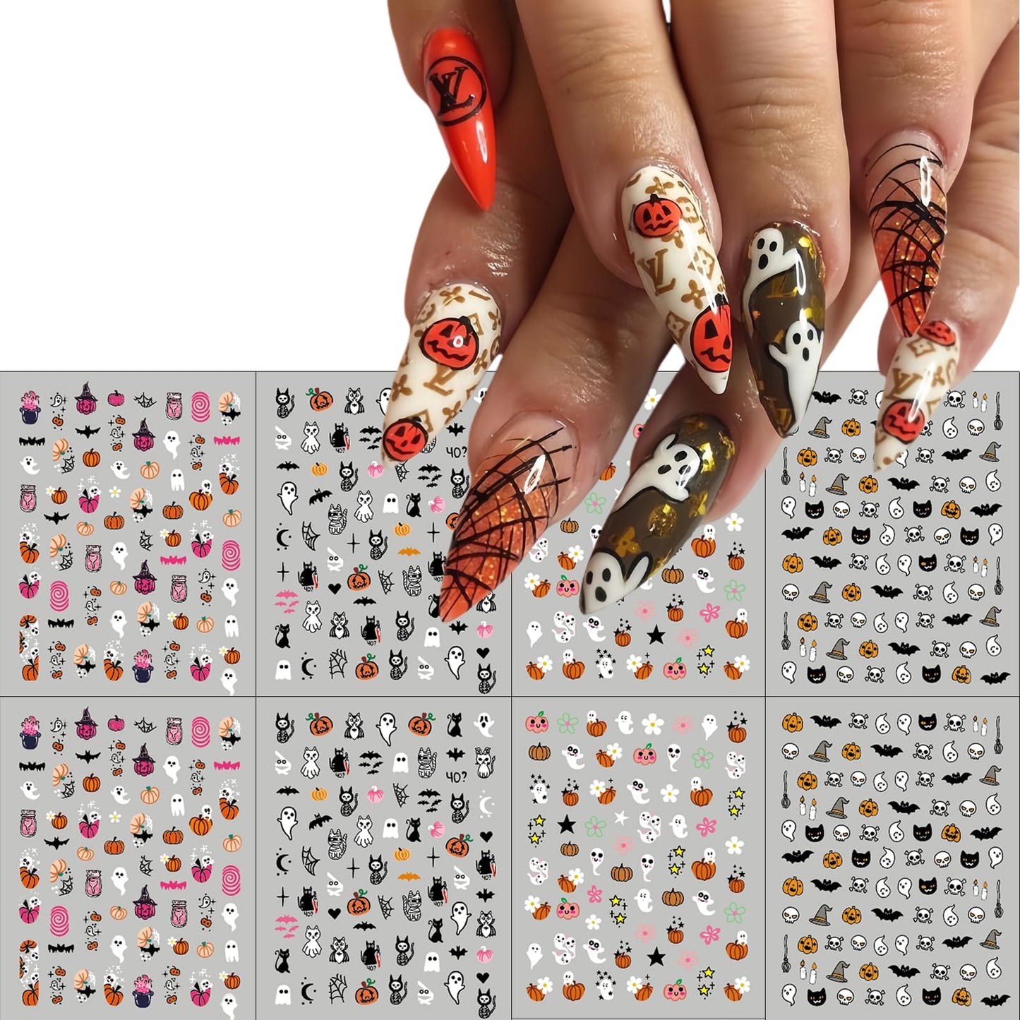 8Sheets Halloween Nail Art Stickers Cute Zombie Ghost Nail Decals 3D Self-Adhesive Bat Skull Spider Nail Sticker Pumpkin Cat Day of The Dead Nail Decoration Nail Supplies for Women Girls Holiday DIY