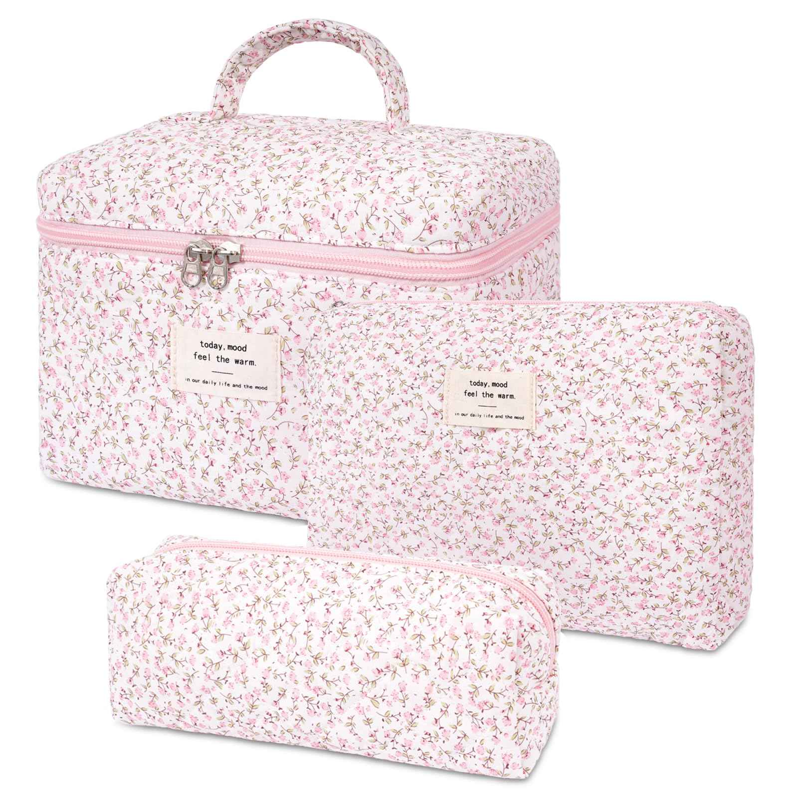 SXS LACONIC 3PCS Quilted Makeup Bag Set, Cosmetic Pouch for Women, Travel Toiletry Bags with Zipper Closure, Coquette Floral Make up Organizers