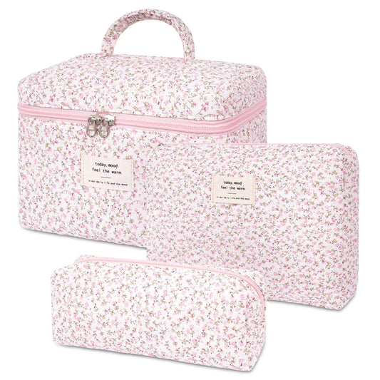 SXS LACONIC 3PCS Quilted Makeup Bag Set, Cosmetic Pouch for Women, Travel Toiletry Bags with Zipper Closure, Coquette Floral Make up Organizers