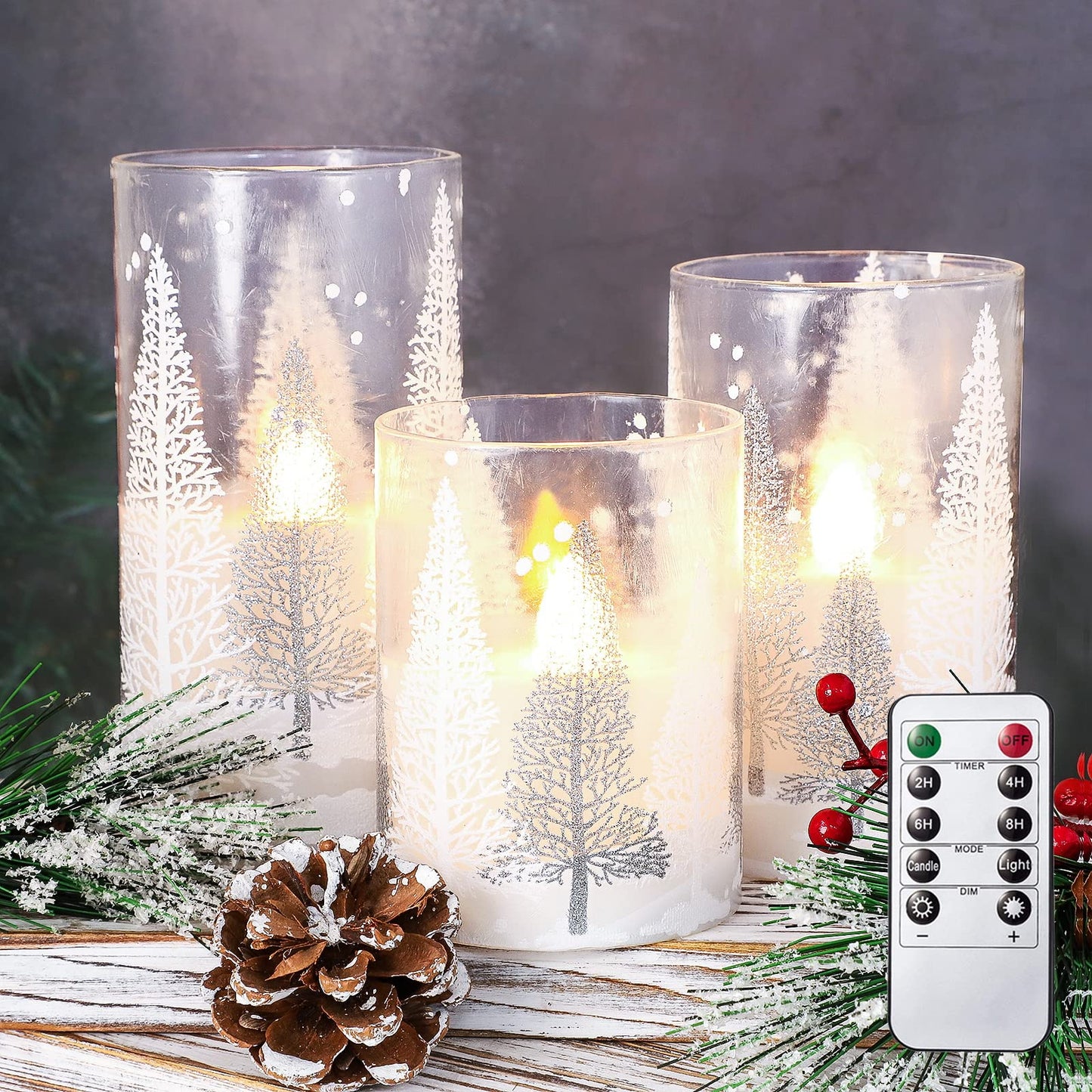 PETRISTRIKE Christmas Flameless Candles with Timer, Holiday Led Glass Candles, Flickering Battery Operated Pillar Candles for Christmas Home Decorations