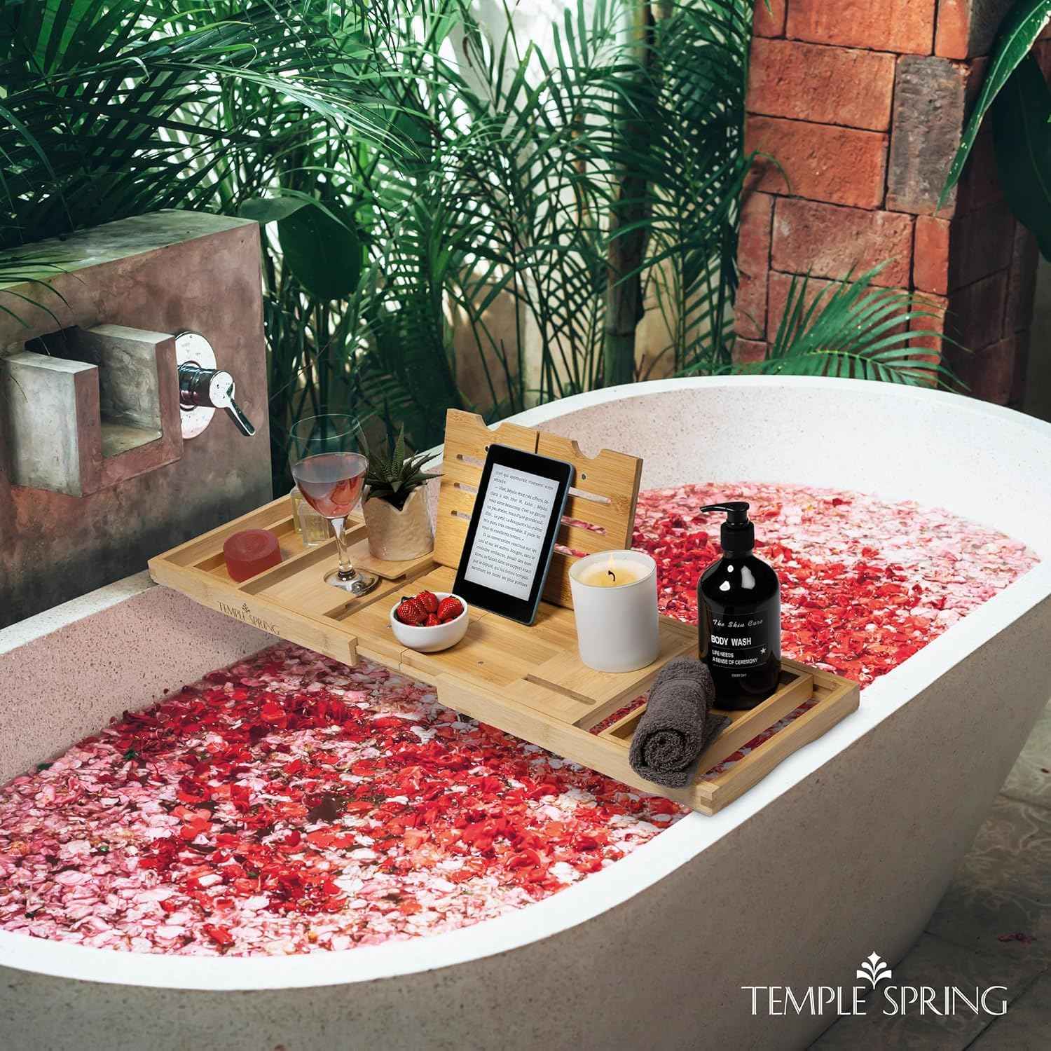 Temple Spring Foldable Bathtub Tray, Unique Design Selfcare Bathroom Caddy, Bamboo Spa Bathroom Tray, Wooden Bathtub Accessories, Wedding Gift/Birthday Gift/New Home Bath Table